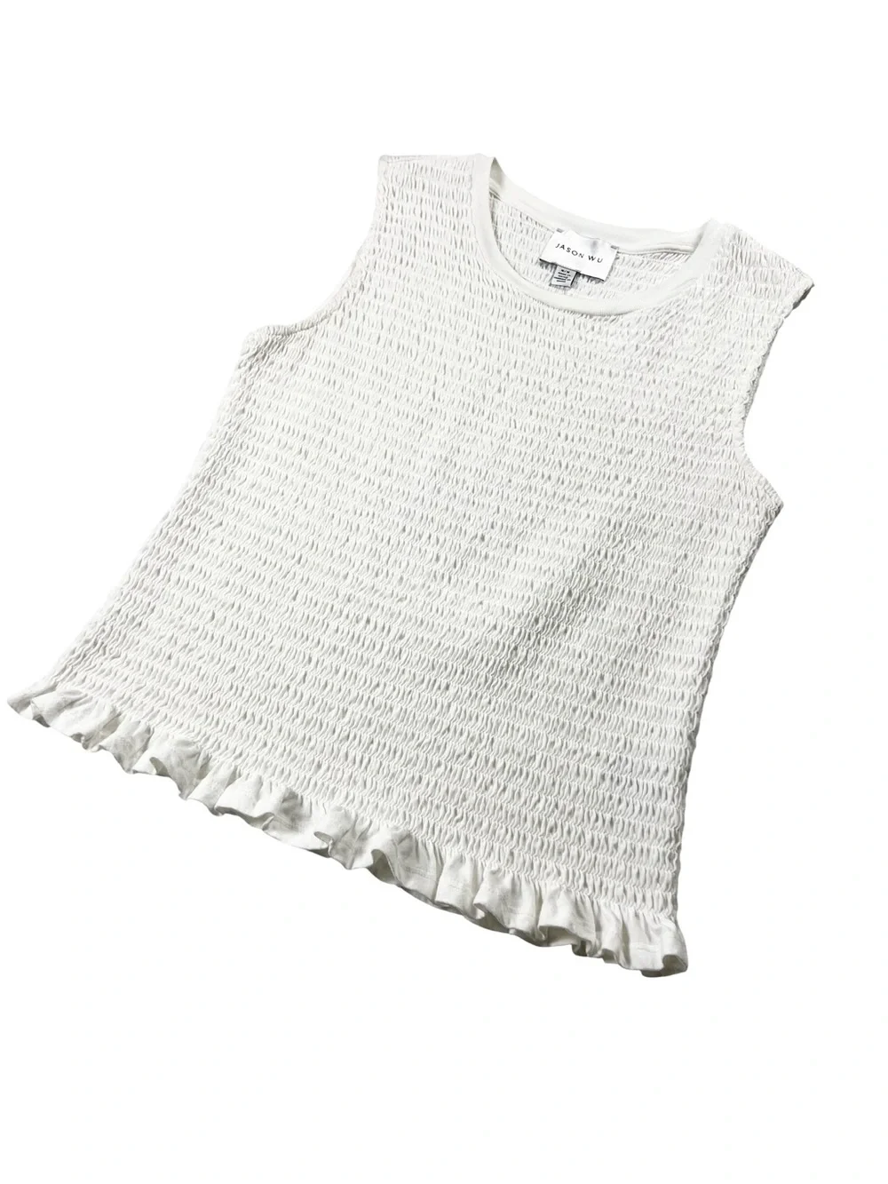 Jason Wu White Smocked Sleeveless Ruffle Hem Cotton Top Size Medium